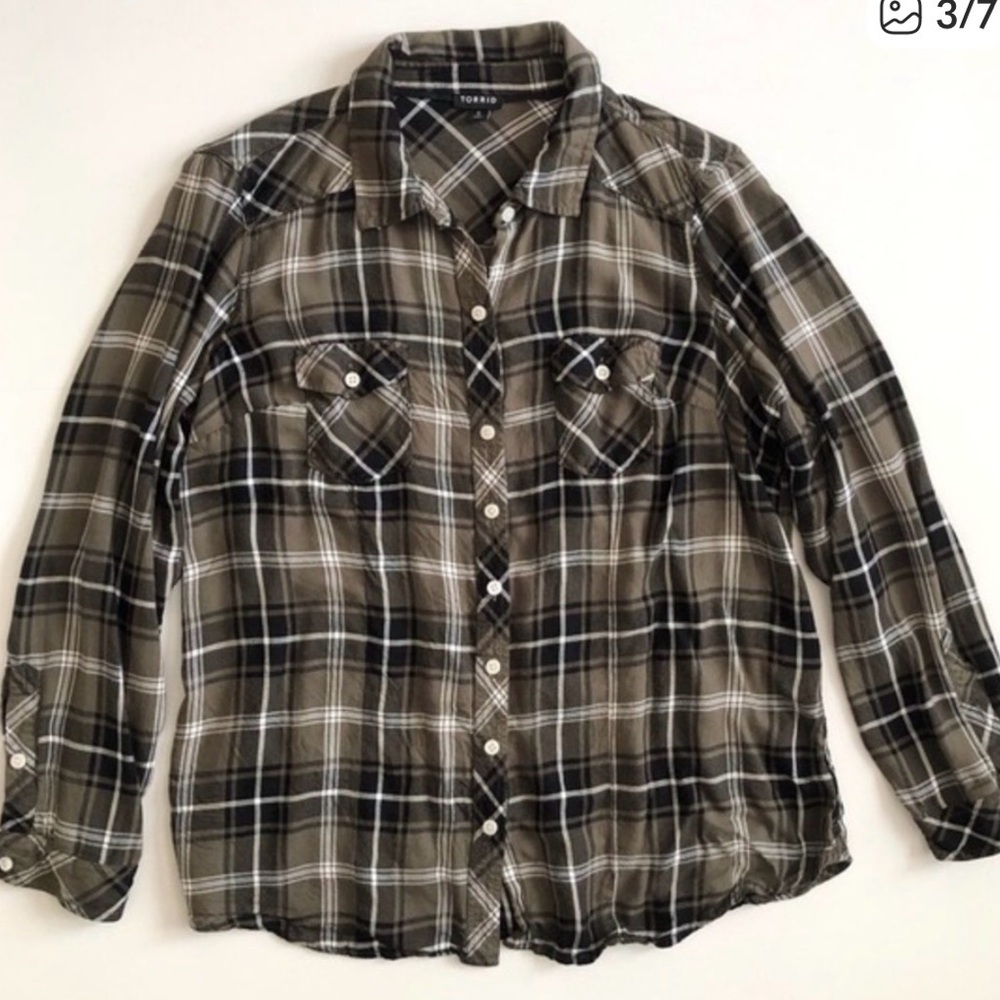 Torrid Olive Plaid Button Top Down Shirt - Picture 3 of 4